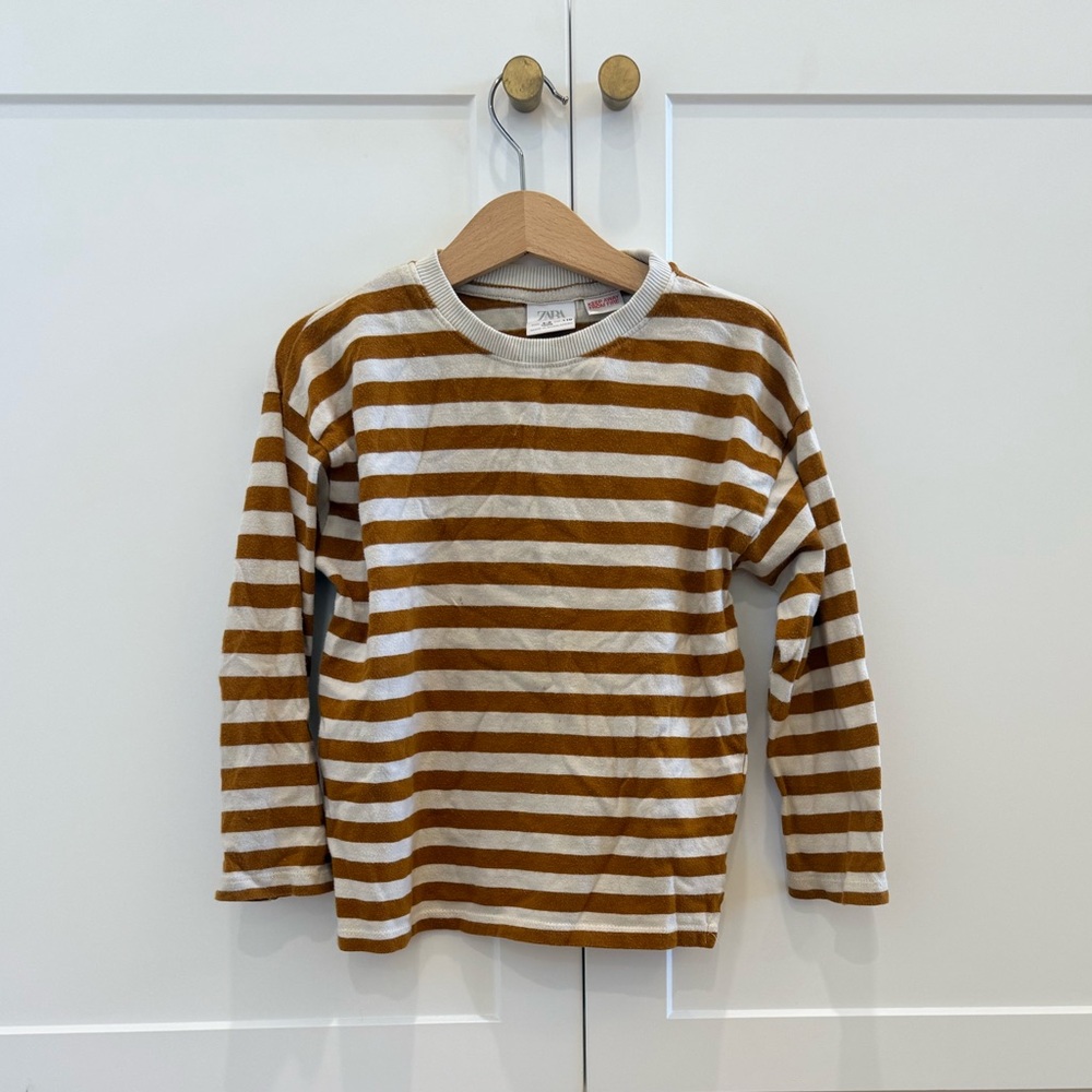Zara Brown and White Long Sleeve Striped Tee